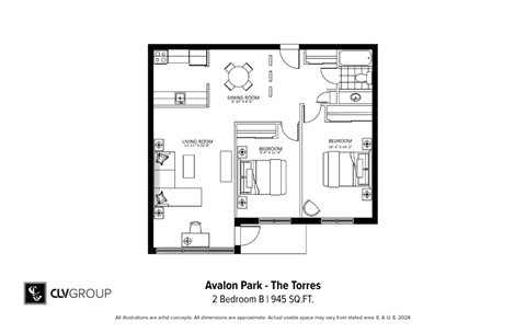Floor plan for 2 beds, 1 bath, 945 sqft
